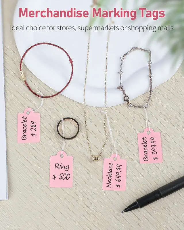 Alt view image 5 of 7 - 200 Pcs Price Tags with String Attached 1 3/8" x 7/8" Writable Pink Hang Tag String Tag for Pricing Clothing Jewelry Price Display Labels Blank Merchandise Marking Paper Label