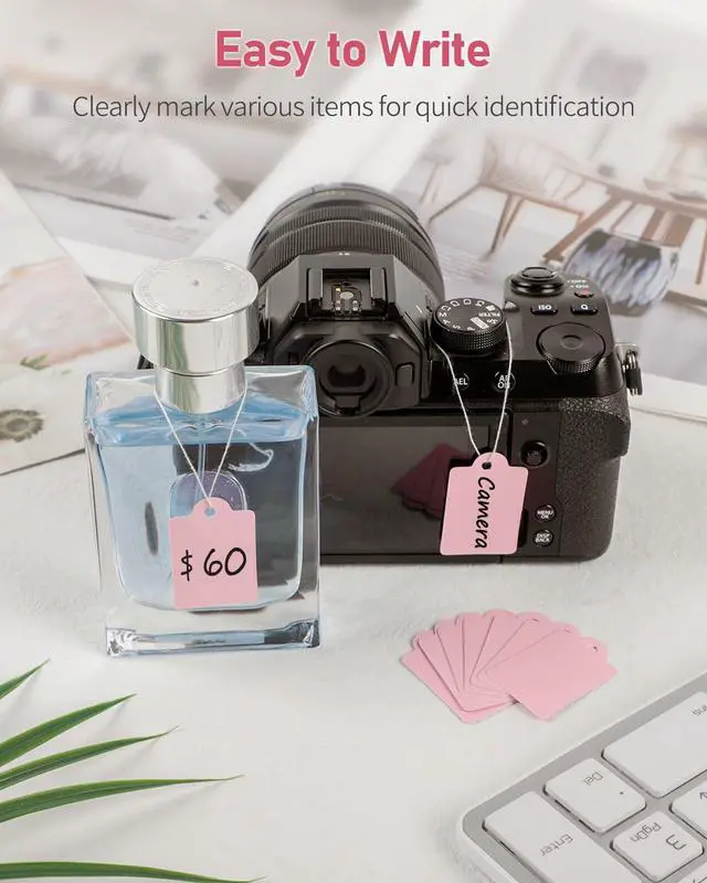Alt view image 4 of 7 - 200 Pcs Price Tags with String Attached 1 3/8" x 7/8" Writable Pink Hang Tag String Tag for Pricing Clothing Jewelry Price Display Labels Blank Merchandise Marking Paper Label