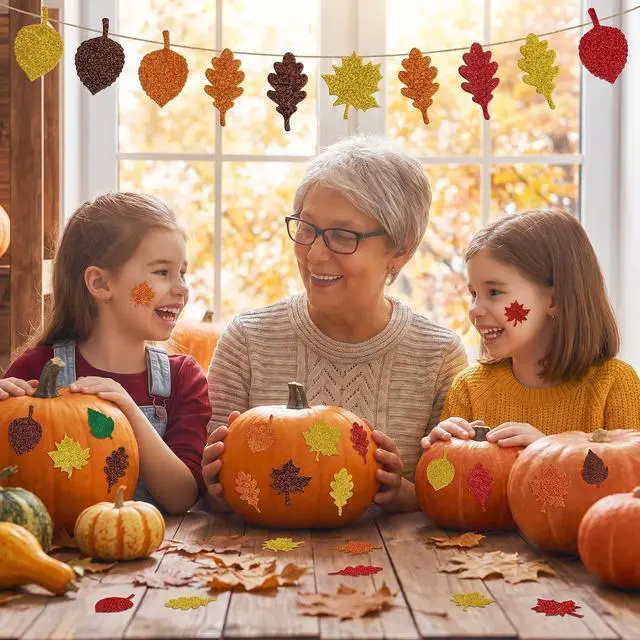 Alt view image 6 of 7 - Thanksgiving Crafts for Kids - Maple Leaf Glitter Foam Stickers | 138 PCS Self Adhesive Fall Stickers - Thanksgiving Games for Kids -Friendsgiving Party Supplies Favors for Halloween Gifts