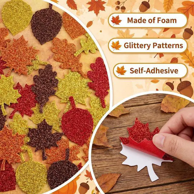Alt view image 3 of 7 - Thanksgiving Crafts for Kids - Maple Leaf Glitter Foam Stickers | 138 PCS Self Adhesive Fall Stickers - Thanksgiving Games for Kids -Friendsgiving Party Supplies Favors for Halloween Gifts
