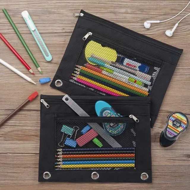 Alt view image 7 of 7 - Pencil Pouch for 3 Ring Binder, 2 Pack Fabric Binder Pouch with 2 Pockets, Pencil Bags with Zipper and Reinforced Grommets, Pencil Cases for Binder
