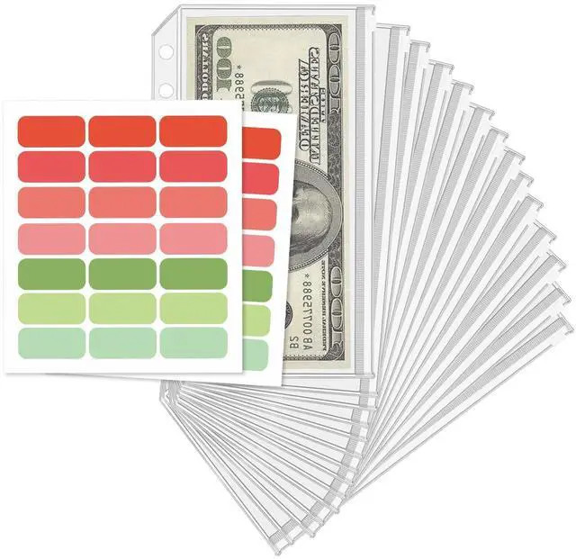 Main image of 16 Pcs A6 Zippered Binder Envelope Pouches for 6-Ring Budget Cash System, Clear Inserts for Money Saving and Budgeting, With 42 Sticky Labels
