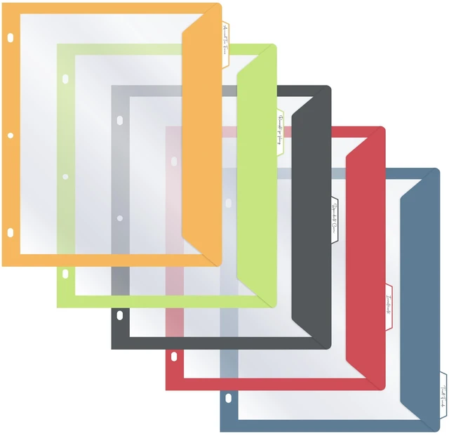 Main image of 5-Tab Binder Pockets with Write-On Index Tabs, Assorted Colors, 8.5 x 11 Inches, 5 Pockets per Set (06650)