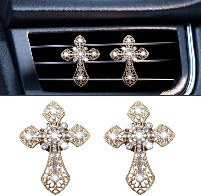 Main image of Bling Car Dashboard Air Vent Trim Clips, Crystal Rhinestone Air Vent Clips, Car Interior Decoration Accessories, Cross Air Conditioning Outlet Clip for Women Girls (Gold, 2PCS)