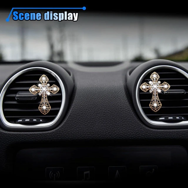 Alt view image 4 of 6 - Bling Car Dashboard Air Vent Trim Clips, Crystal Rhinestone Air Vent Clips, Car Interior Decoration Accessories, Cross Air Conditioning Outlet Clip for Women Girls (Gold, 2PCS)