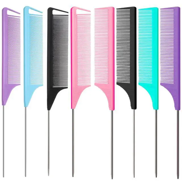 Main image of 8pcs Rat Tail Combs Set,Long Steel Pin Teasing Combs for Salon Hair Stylists,2 styles and multiple colorsb of Metal Parting Combs for Women,Hair Teasing Fine Tooth Comb Aigee