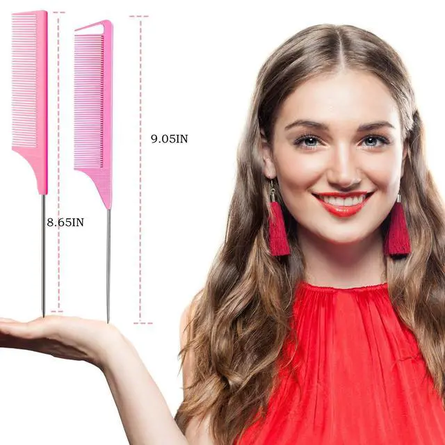 Alt view image 3 of 7 - 8pcs Rat Tail Combs Set,Long Steel Pin Teasing Combs for Salon Hair Stylists,2 styles and multiple colorsb of Metal Parting Combs for Women,Hair Teasing Fine Tooth Comb Aigee