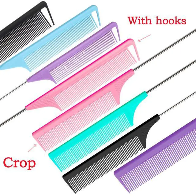 Alt view image 2 of 7 - 8pcs Rat Tail Combs Set,Long Steel Pin Teasing Combs for Salon Hair Stylists,2 styles and multiple colorsb of Metal Parting Combs for Women,Hair Teasing Fine Tooth Comb Aigee