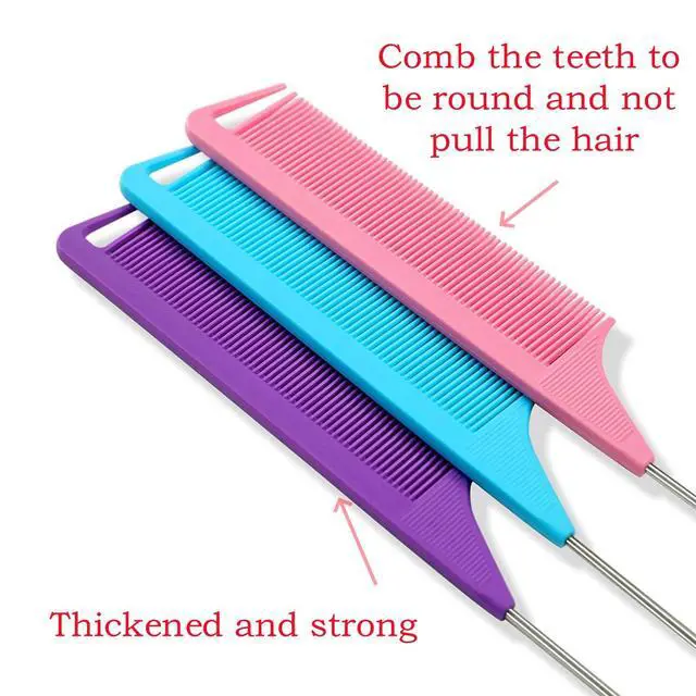Alt view image 4 of 7 - 8pcs Rat Tail Combs Set,Long Steel Pin Teasing Combs for Salon Hair Stylists,2 styles and multiple colorsb of Metal Parting Combs for Women,Hair Teasing Fine Tooth Comb Aigee