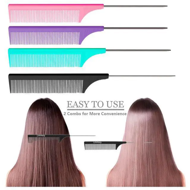Alt view image 6 of 7 - 8pcs Rat Tail Combs Set,Long Steel Pin Teasing Combs for Salon Hair Stylists,2 styles and multiple colorsb of Metal Parting Combs for Women,Hair Teasing Fine Tooth Comb Aigee