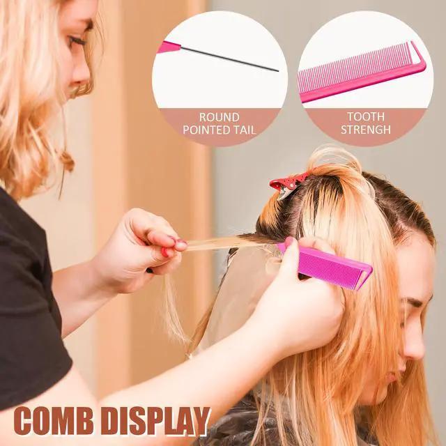 Alt view image 7 of 7 - 8pcs Rat Tail Combs Set,Long Steel Pin Teasing Combs for Salon Hair Stylists,2 styles and multiple colorsb of Metal Parting Combs for Women,Hair Teasing Fine Tooth Comb Aigee