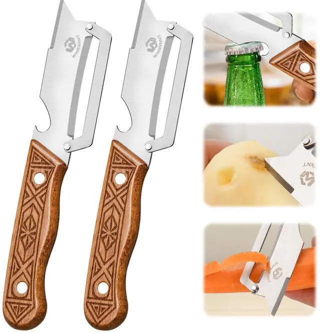 Alt view image 8 of 9 - Multifunctional Vegetable Peeler, 50% Thicker Ultra-Sharp Stainless Steel Peeler Knife, Wooden Handle & Bottle Opener 4-in-1, for Vegetables Fruits Potatoes Carrots, Peelers for Kitchen (1 Pack)