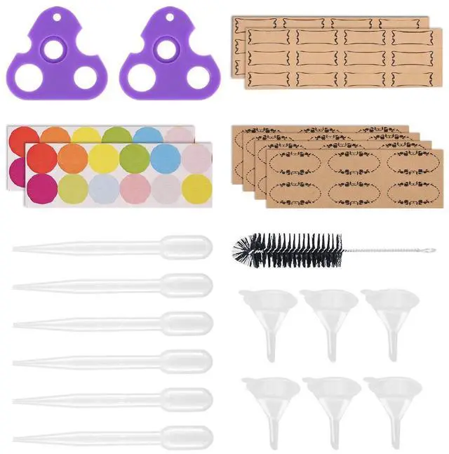 Main image of Essential Oil Tools Essential Oil Opener Essential Oil Key Tool for Essential Oil Accessories Includes 2 Openers, 6 Droppers, 6 Funnels, 72 Labels And Brush Tools Set for Glass Roll On Bottles