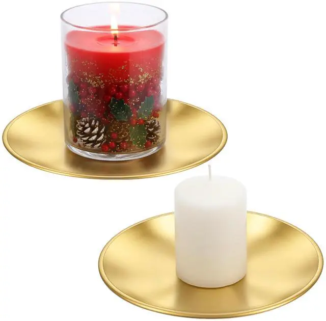 Main image of 2 Pack Gold Pillar Candle Holders Decor, 5.5 Inch Round Flat Candle Tray for Pillar Scented Ball Candles Decorative Candle Stand for Coffee Table Decor Wedding Party Home Decor