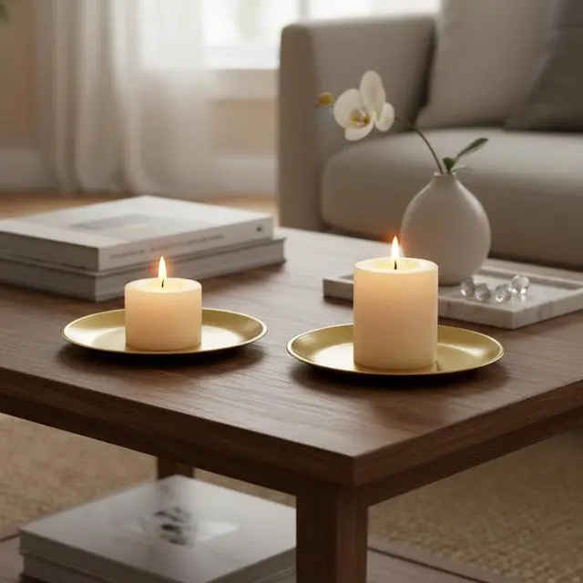 Alt view image 5 of 7 - 2 Pack Gold Pillar Candle Holders Decor, 5.5 Inch Round Flat Candle Tray for Pillar Scented Ball Candles Decorative Candle Stand for Coffee Table Decor Wedding Party Home Decor
