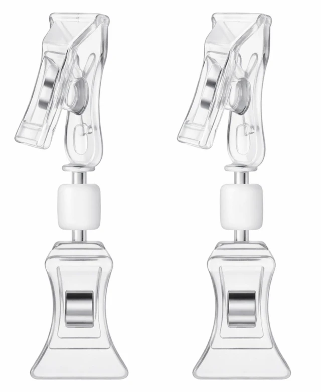 Main image of Double Sided Sign Holder Clips, Clear, 2 Pcs | Rotatable Clip on Price Tag Label Holders, Adjustable Stand Retail Stores Merchandise, Spring Clamp Secures Clothing Tags