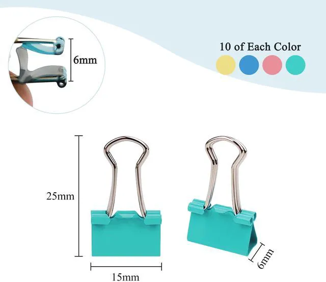 Alt view image 2 of 7 - 40-Pack Mini Binder Clips in 4 Colors (Blue, Yellow, Red, Green), 15mm/0.6-Inch Small Paper Clips for Home, School, Office and Business