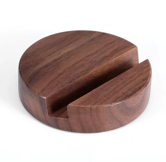 Main image of Walnut Wood Phone Stand, Single Slot Round Portable Mobile Cell Phone Holder, Minimalistic Modern Desk Tabletop Organizer for Kitchen Bathroom Office Accessories
