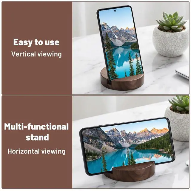Alt view image 3 of 7 - Walnut Wood Phone Stand, Single Slot Round Portable Mobile Cell Phone Holder, Minimalistic Modern Desk Tabletop Organizer for Kitchen Bathroom Office Accessories