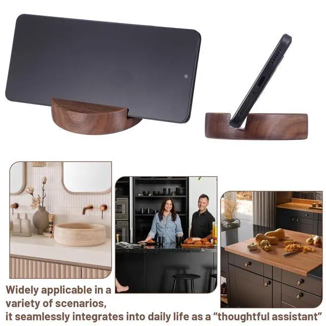Alt view image 4 of 7 - Walnut Wood Phone Stand, Single Slot Round Portable Mobile Cell Phone Holder, Minimalistic Modern Desk Tabletop Organizer for Kitchen Bathroom Office Accessories