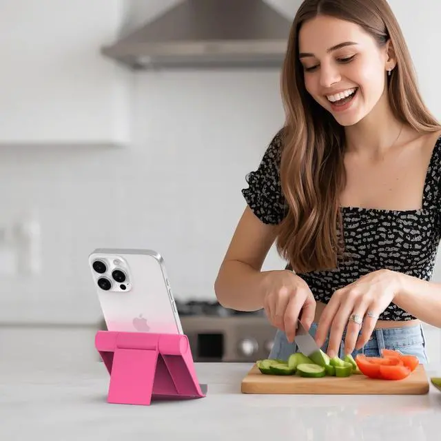 Alt view image 7 of 7 - Cell Phone Stand for Desk, Foldable and Adjustable Multi-Angle Holder Dock, Universal Compatibility for Most Phone and Tablet, Portable and Sturdy Design for Office and Home (Pink)