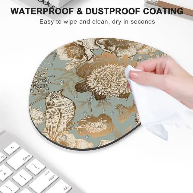 Alt view image 4 of 7 - Mouse Pad, Premium-Textured Oval Computer Pad, 8.7" x 7.1" Thick 3 mm Anti-Slip Waterproof Rubber Cute Mouse Mat for Office, Home, Gaming, Laptop, PC, Classical Flower and Bird