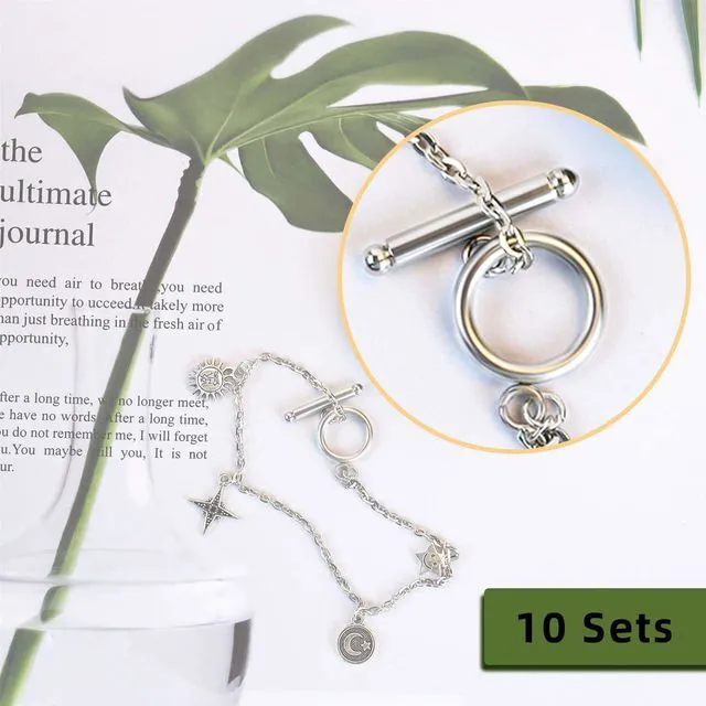 Alt view image 2 of 7 - 10 Sets Toggle Clasps for Jewelry Making Round Iq Toggle Clasps & T-Bar Clasps Jewelry Clasp and Closure for Necklace Bracelet Stainless Steel Round Ring Toggle Connectors for DIY Craft (Silver