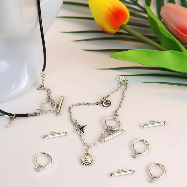 Alt view image 3 of 7 - 10 Sets Toggle Clasps for Jewelry Making Round Iq Toggle Clasps & T-Bar Clasps Jewelry Clasp and Closure for Necklace Bracelet Stainless Steel Round Ring Toggle Connectors for DIY Craft (Silver