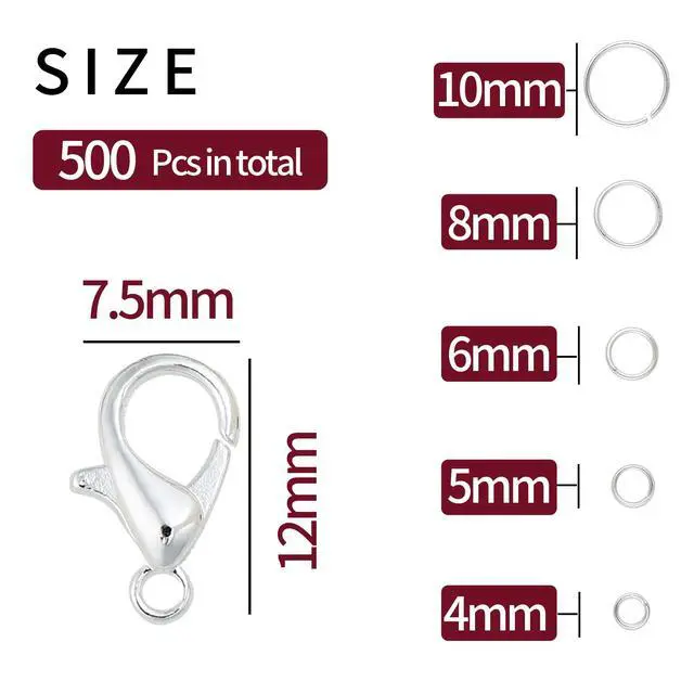 Alt view image 2 of 6 - 5 Sizes Silver and Gold Open Jump Rings, 500PCS O Rings and Lobster Clasps, Small and Large Jump Rings for Jewelry Making and Keychains