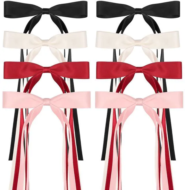 Main image of 8 PCS Silky Satin Hair Bows with Tassel for Women Grils, Tassel Ribbon Bowknot Hair Clips for Ponytail Holder. Pink, Red Hair Bow and Black, White Barrettes Claw Bow