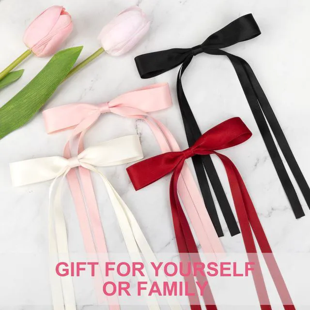 Alt view image 4 of 7 - 8 PCS Silky Satin Hair Bows with Tassel for Women Grils, Tassel Ribbon Bowknot Hair Clips for Ponytail Holder. Pink, Red Hair Bow and Black, White Barrettes Claw Bow