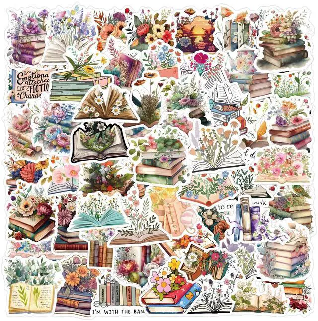 Main image of 60 Pcs World Book Day Floral Book Stickers - Waterproof Vinyl Book & Flower Stickers for Skateboard, Laptop, Fridge, Phone & Luggage (Watercolor Book Designs)(Flower Book-60)