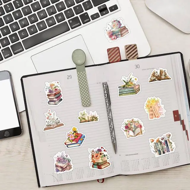 Alt view image 2 of 7 - 60 Pcs World Book Day Floral Book Stickers - Waterproof Vinyl Book & Flower Stickers for Skateboard, Laptop, Fridge, Phone & Luggage (Watercolor Book Designs)(Flower Book-60)