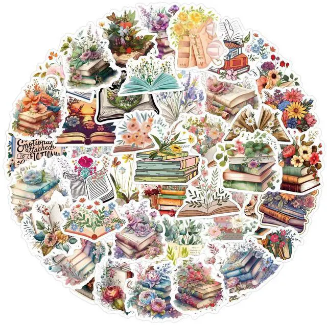 Alt view image 6 of 7 - 60 Pcs World Book Day Floral Book Stickers - Waterproof Vinyl Book & Flower Stickers for Skateboard, Laptop, Fridge, Phone & Luggage (Watercolor Book Designs)(Flower Book-60)