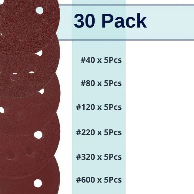 Alt view image 2 of 7 - Sanding Discs, 5 Inch, 30 Pack, Assorted Grits 40 80 120 220 320 600 | Round Sandpaper Discs for Sanding Wood, Metal, Furniture, Surface Preparation & Finishing Work