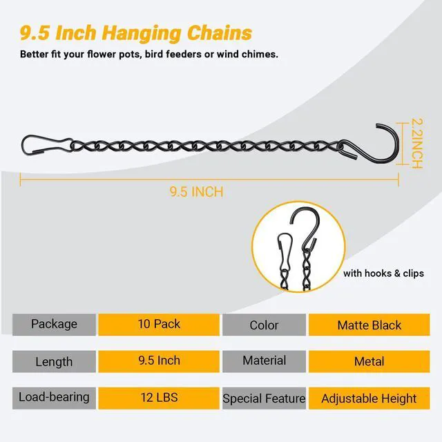 Alt view image 2 of 7 - 9.5 Inch Plant Hooks for Hanging Baskets,Black Hanging Chains with S Hook and Clip for Planters, Bird Feeders,Chalkboards, Basket, Lanterns,Lanterns Indoor Outdoor Decorative