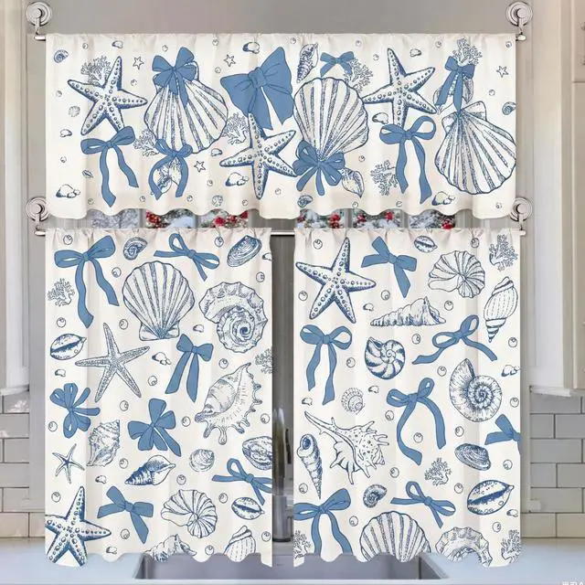 Main image of 3 Pcs Blue Bow Starfish Seashell Kitchen Curtains Valances and Tiers Set for Window Ocean Coastal Beach Last Toast on the Coast Bachelorette Decor for Summer Bedroom Sea Mermaid Birthday Party