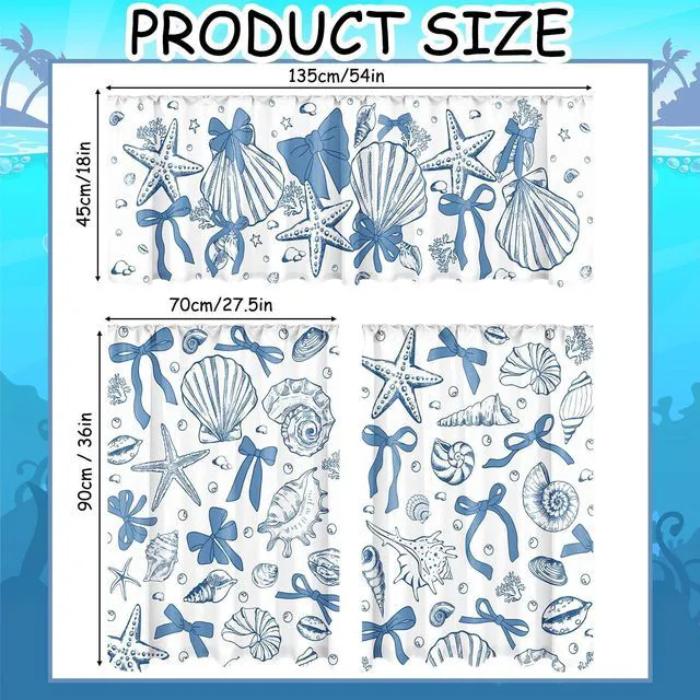Alt view image 2 of 7 - 3 Pcs Blue Bow Starfish Seashell Kitchen Curtains Valances and Tiers Set for Window Ocean Coastal Beach Last Toast on the Coast Bachelorette Decor for Summer Bedroom Sea Mermaid Birthday Party