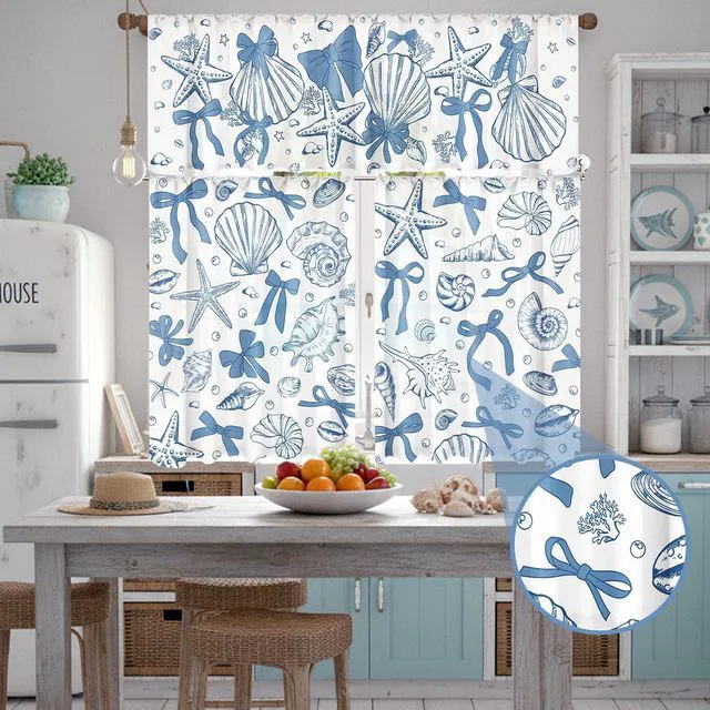 Alt view image 4 of 7 - 3 Pcs Blue Bow Starfish Seashell Kitchen Curtains Valances and Tiers Set for Window Ocean Coastal Beach Last Toast on the Coast Bachelorette Decor for Summer Bedroom Sea Mermaid Birthday Party