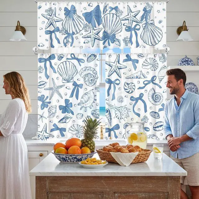 Alt view image 5 of 7 - 3 Pcs Blue Bow Starfish Seashell Kitchen Curtains Valances and Tiers Set for Window Ocean Coastal Beach Last Toast on the Coast Bachelorette Decor for Summer Bedroom Sea Mermaid Birthday Party