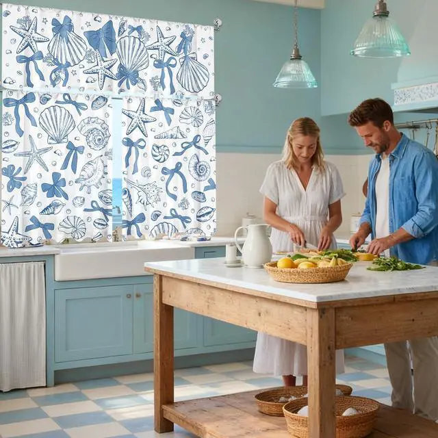 Alt view image 6 of 7 - 3 Pcs Blue Bow Starfish Seashell Kitchen Curtains Valances and Tiers Set for Window Ocean Coastal Beach Last Toast on the Coast Bachelorette Decor for Summer Bedroom Sea Mermaid Birthday Party
