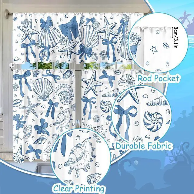 Alt view image 3 of 7 - 3 Pcs Blue Bow Starfish Seashell Kitchen Curtains Valances and Tiers Set for Window Ocean Coastal Beach Last Toast on the Coast Bachelorette Decor for Summer Bedroom Sea Mermaid Birthday Party