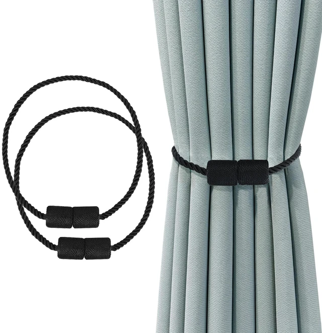 Main image of Cylinder Magnetic Curtain Tiebacks (2-Pack) - 21.6in Black Polyester Holdbacks for Sheer to Blackout Drapes | Indoor Outdoor Bedroom Office Decor