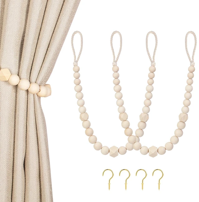 Main image of Wood Bead Curtain Tiebacks, 2 Pack Curtain Tie Backs with Hooks