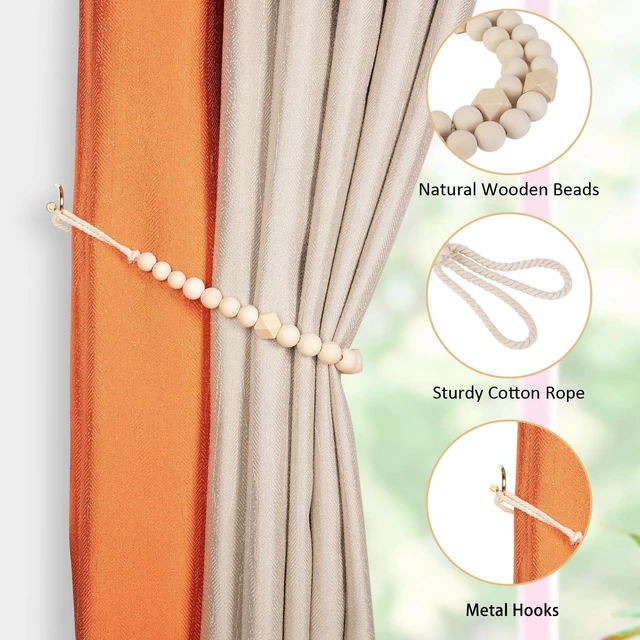 Alt view image 4 of 6 - Wood Bead Curtain Tiebacks, 2 Pack Curtain Tie Backs with Hooks | Curtain Holdbacks for Thin or Thick Window Draperies, Boho Curtain Holders for Home Office Room Decor