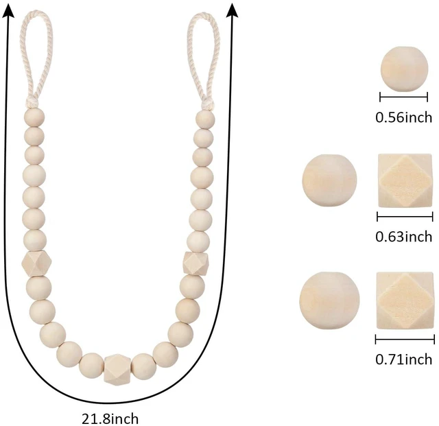 Alt view image 2 of 6 - Wood Bead Curtain Tiebacks, 2 Pack Curtain Tie Backs with Hooks | Curtain Holdbacks for Thin or Thick Window Draperies, Boho Curtain Holders for Home Office Room Decor