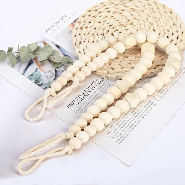 Alt view image 5 of 6 - Wood Bead Curtain Tiebacks, 2 Pack Curtain Tie Backs with Hooks | Curtain Holdbacks for Thin or Thick Window Draperies, Boho Curtain Holders for Home Office Room Decor