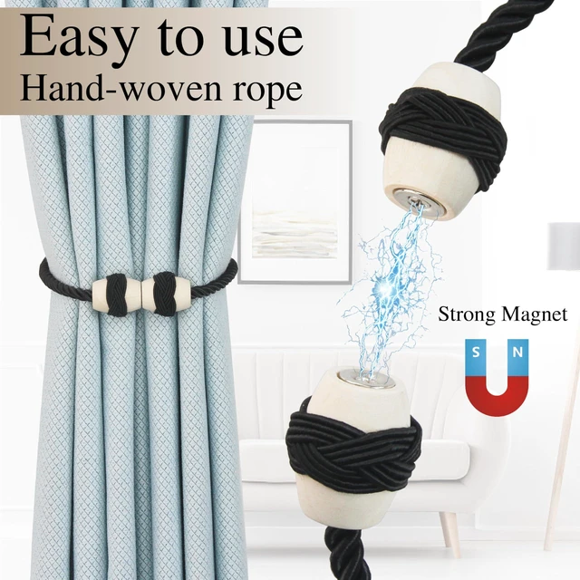 Alt view image 4 of 6 - Curtain Tiebacks Magnetic Rope Tie Backs Handmade Curtains Holders for Drapes Outdoor Decorative Window Holdbacks, Black 2Pack