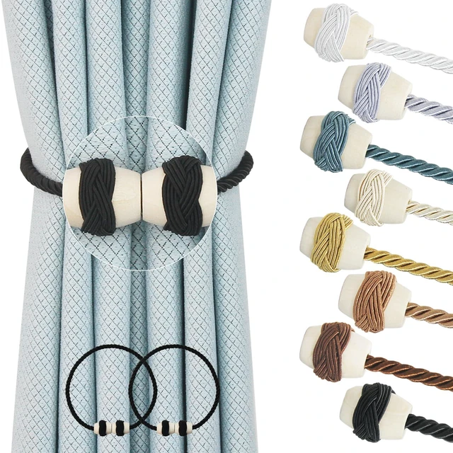 Main image of Curtain Tiebacks Magnetic Rope Tie Backs Handmade Curtains Holders for Drapes Outdoor Decorative Window Holdbacks, Black 2Pack