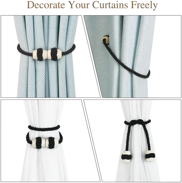 Alt view image 5 of 6 - Curtain Tiebacks Magnetic Rope Tie Backs Handmade Curtains Holders for Drapes Outdoor Decorative Window Holdbacks, Black 2Pack